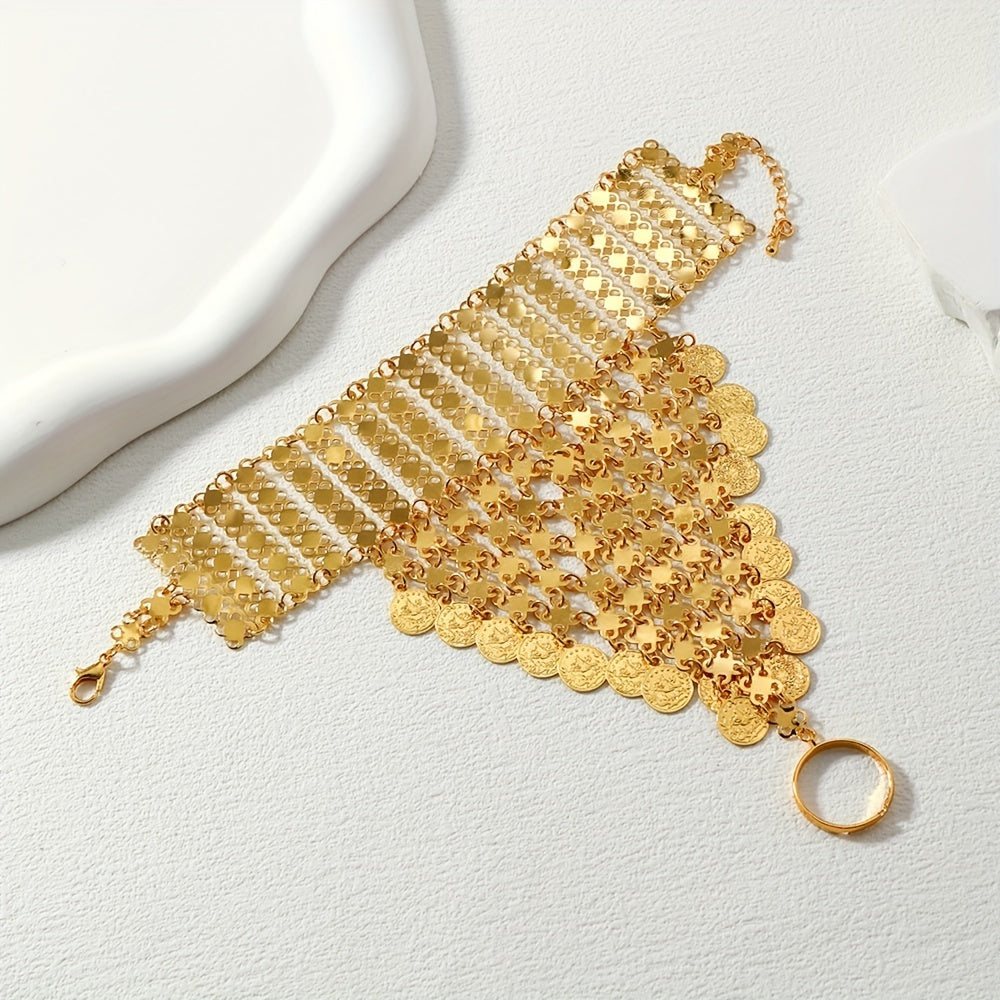 Gold Plated Boho Hand Chain Bracelet with Coin Tassel for Belly Dancing and Bollywood Style
