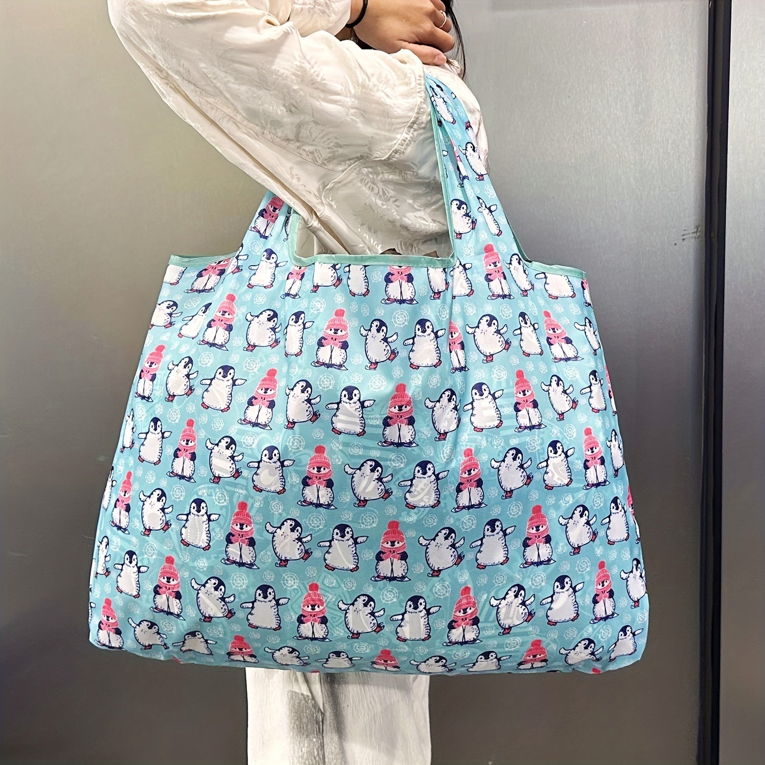 Lightweight Penguin Pattern Tote Bag Reusable Water-Resistant Shopping Grocery