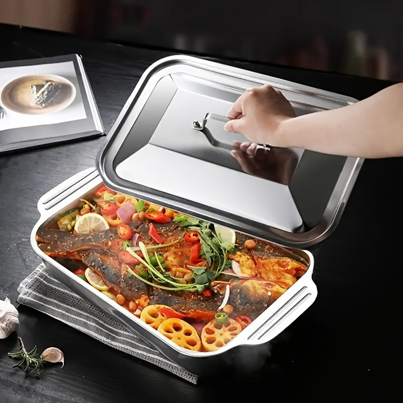 2-Piece Nonstick Stainless Steel Roasting Pan Set with Lids, Heavy-Duty Rectangular Bakeware