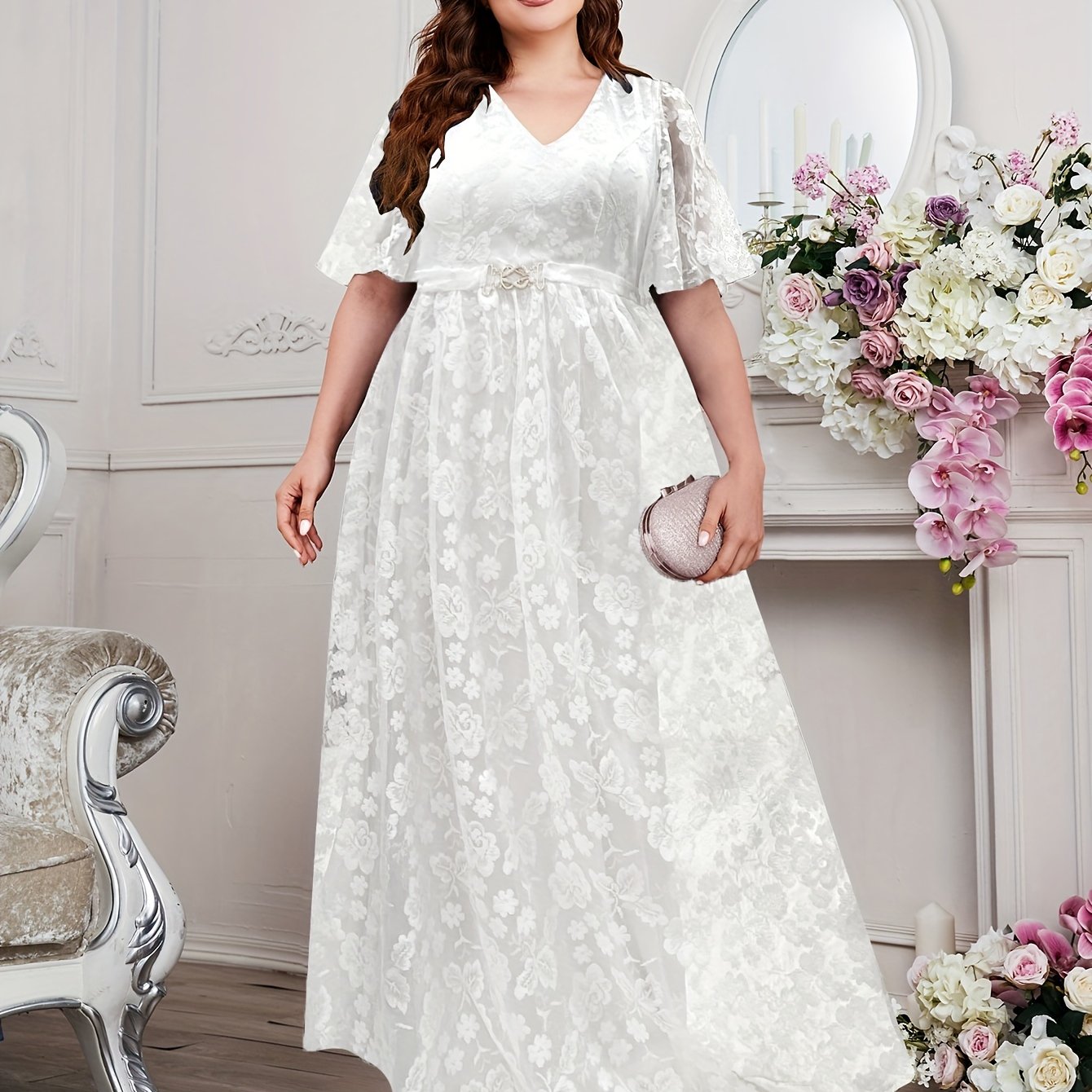 Plus Size Women's V-Neck Lace Dress with Waist Belt for Formal Weddings Black