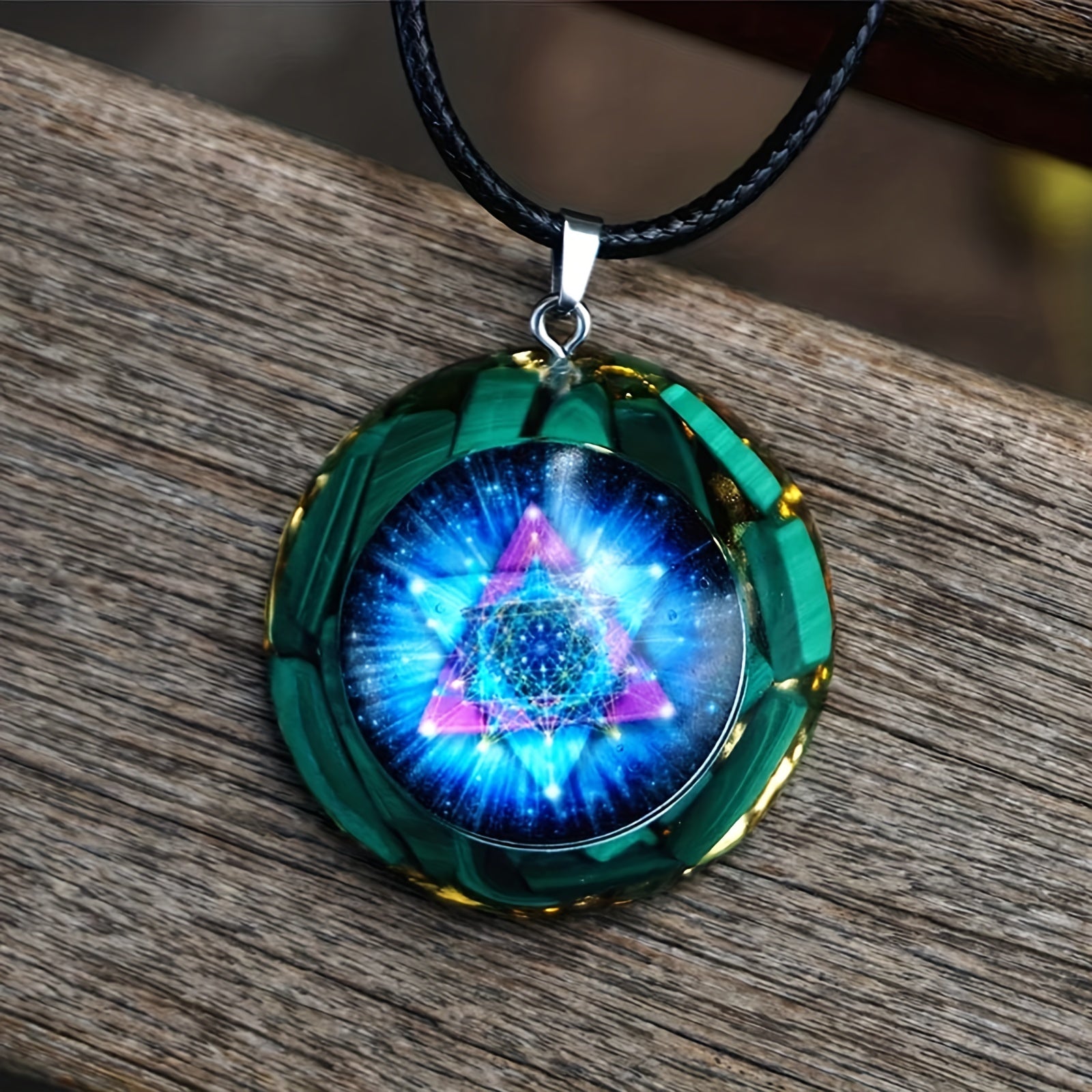Orgonite Pendant Necklace with Malachite Chakra Energy and Sri Yantra Sacred Geometry for Healing Jewelry
