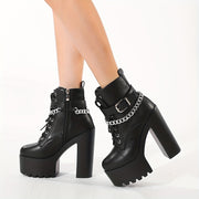 Women's Ankle Boots with Chain Decor Block Heel Lace-Up Side Zipper All-Season
