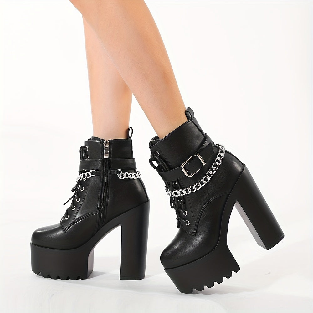 Women's Ankle Boots with Chain Decor Block Heel Lace-Up Side Zipper All-Season