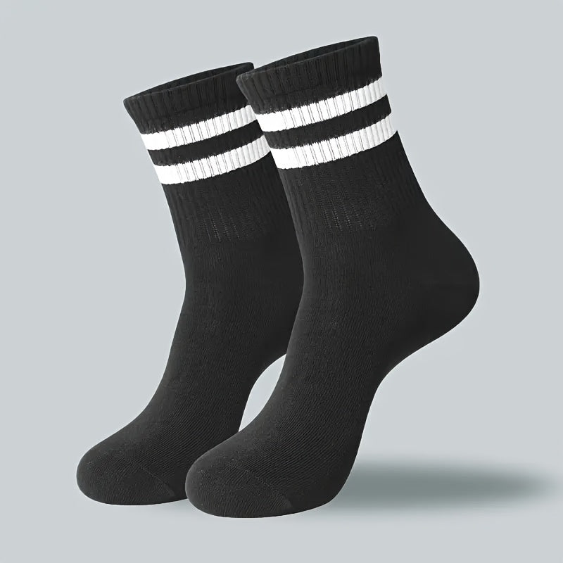 Men and Women Dual-Striped Long Socks Breathable Polyester Knit Black White
