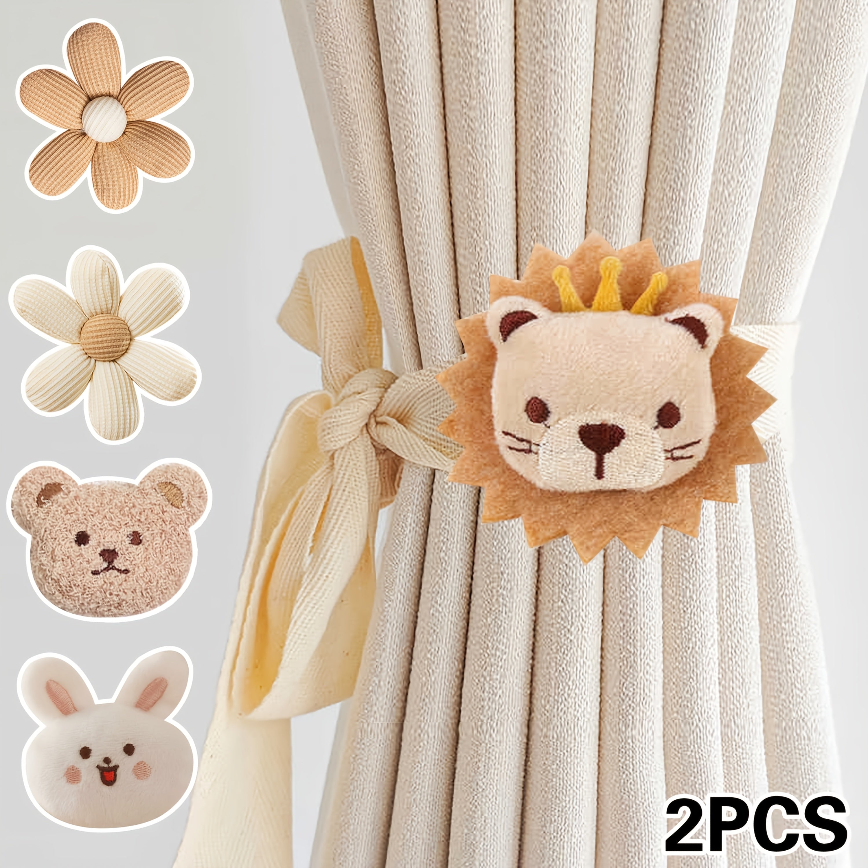 Set of 2 Lion Plush Curtain Tiebacks with 3D Flowers for Bedroom Living Room Decor