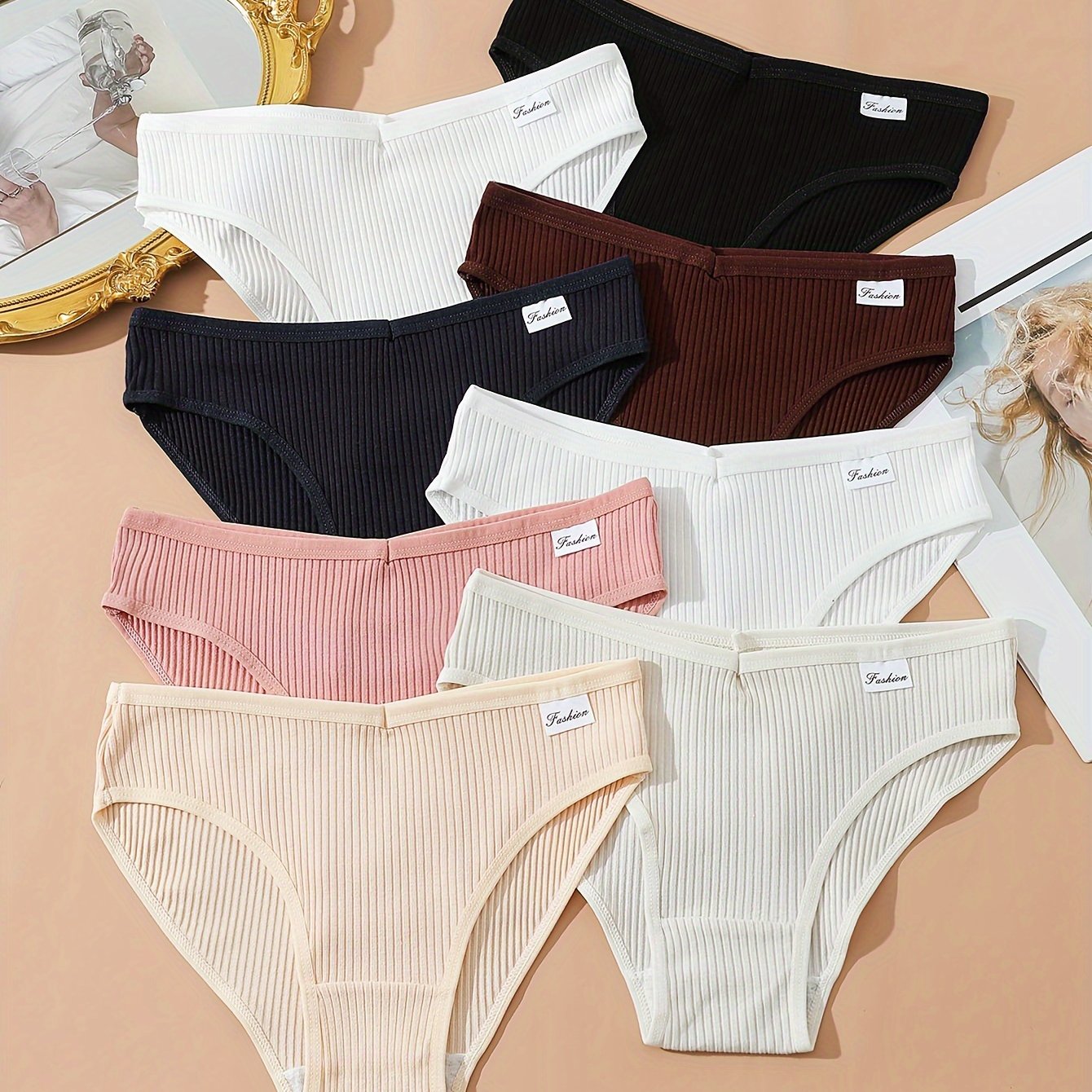 8pcs Women's Seamless Ribbed Low Waist Bikini Panties Breathable Lingerie