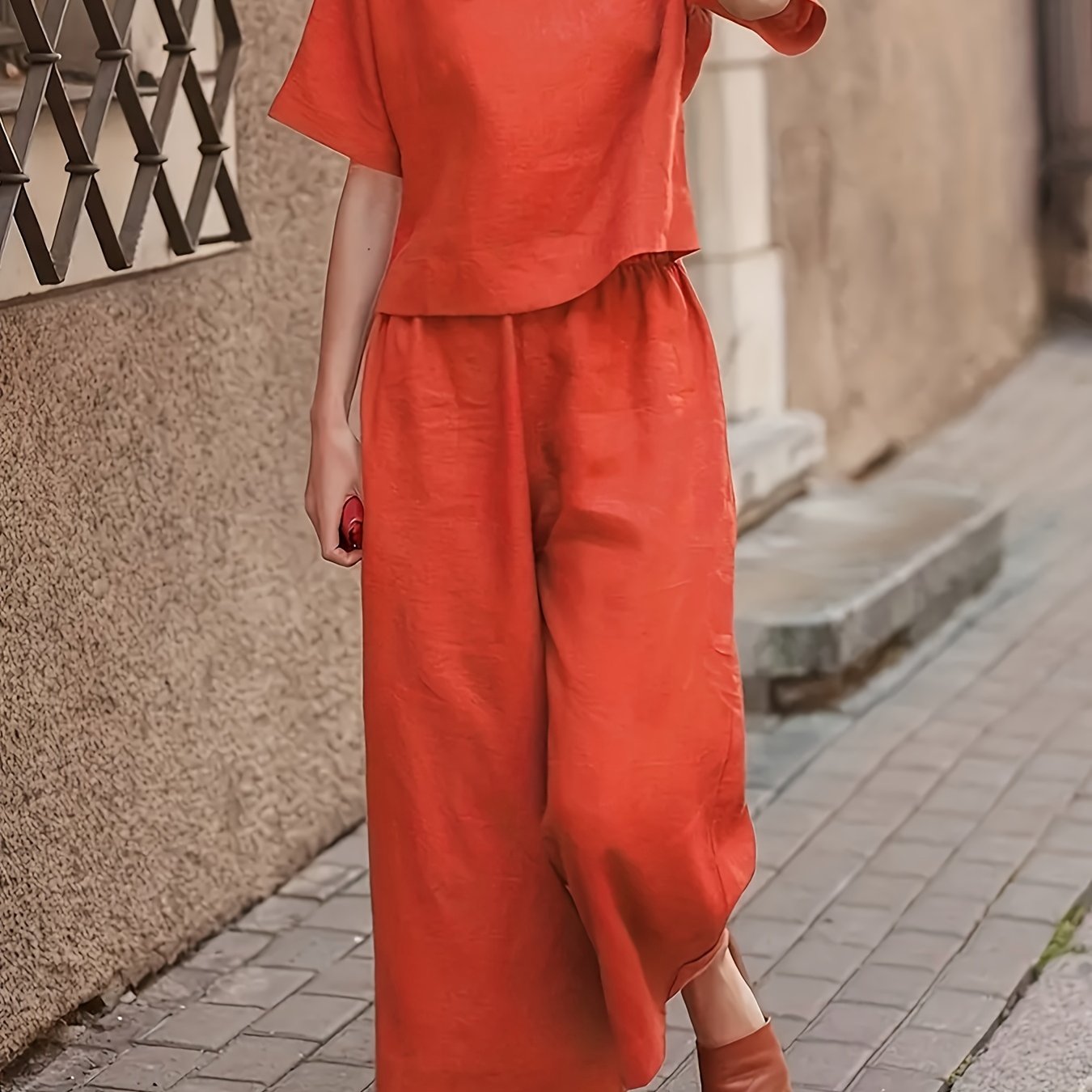 Women's Casual Solid Polyester Crew Neck T-Shirt and Wide Leg Pants Set