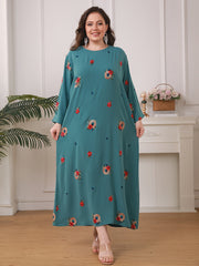 Plus Size Floral Print Abaya for Women Long Sleeve Loose Fit Middle Eastern Style