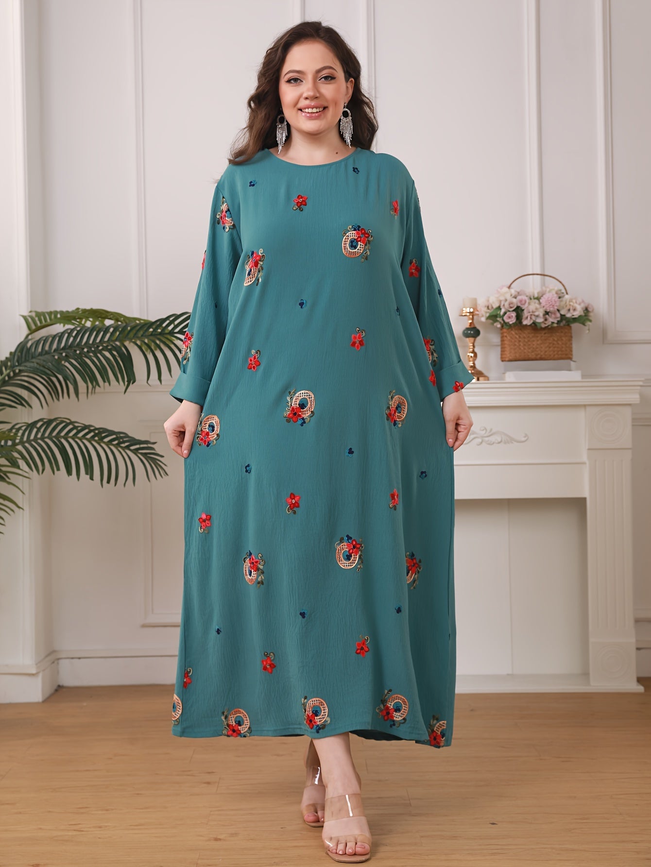 Plus Size Floral Print Abaya for Women Long Sleeve Loose Fit Middle Eastern Style