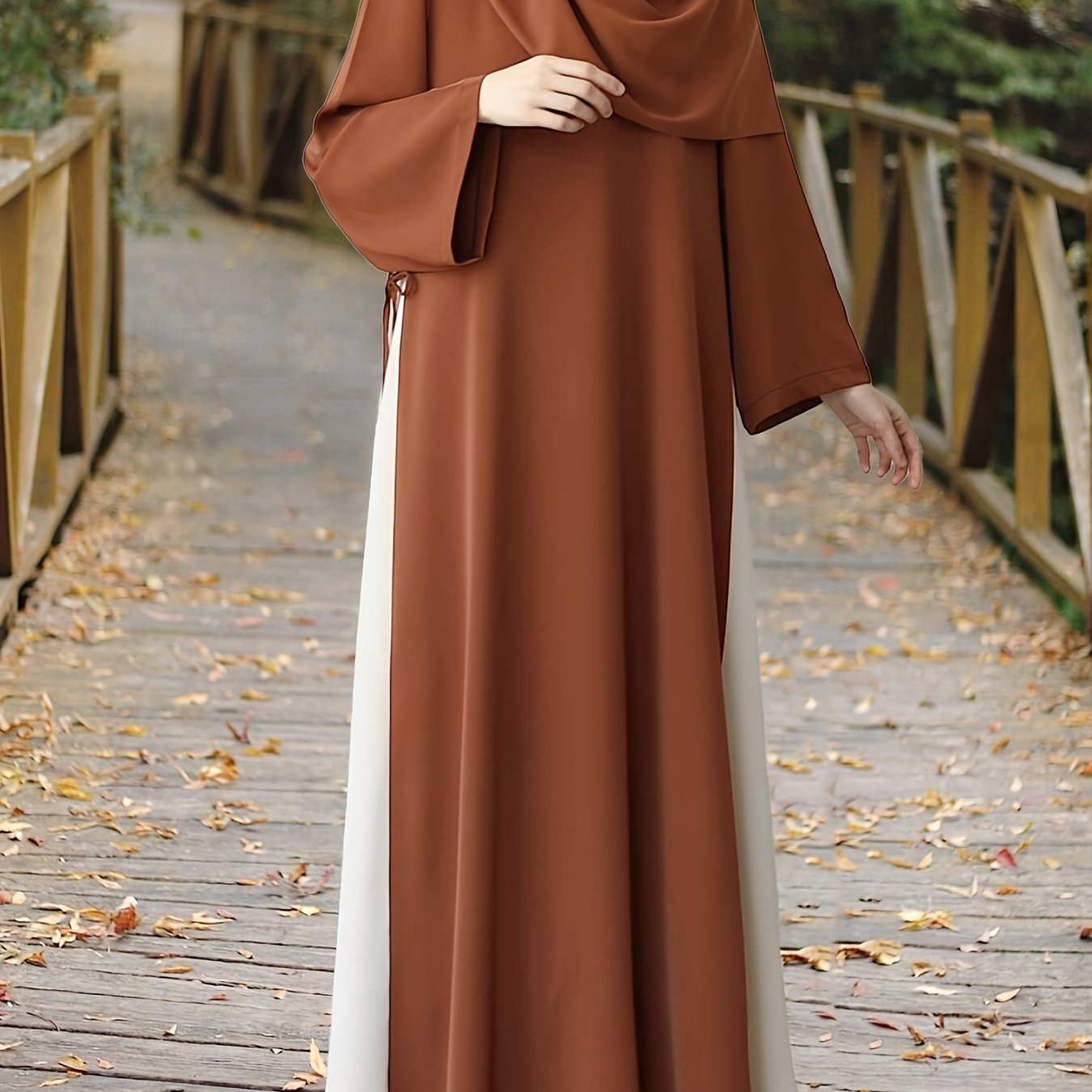 Rang blokli Maxi Kaftan uzun qoʻllar va yon bogʻlam bilan, kundalik va Ramazon kiyimlari uchun