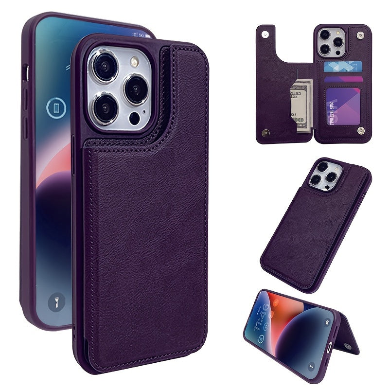 Faux Leather Phone Case with Card Wallet Magnetic Button for iPhone Models