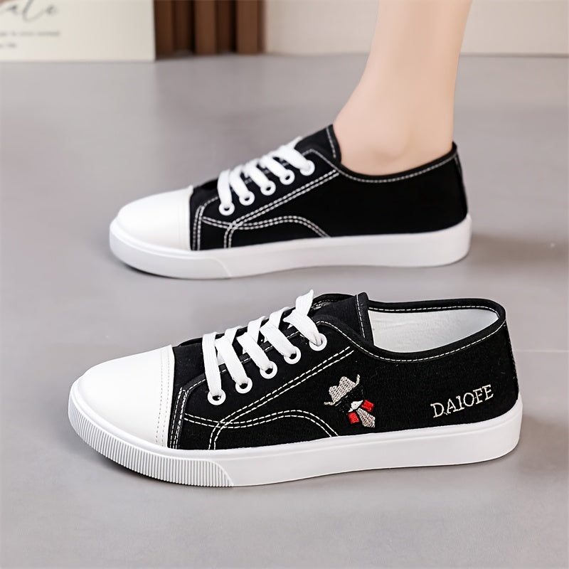 Women's Black White Cartoon Bear Lace-Up Sneakers Low-Top Casual Shoes