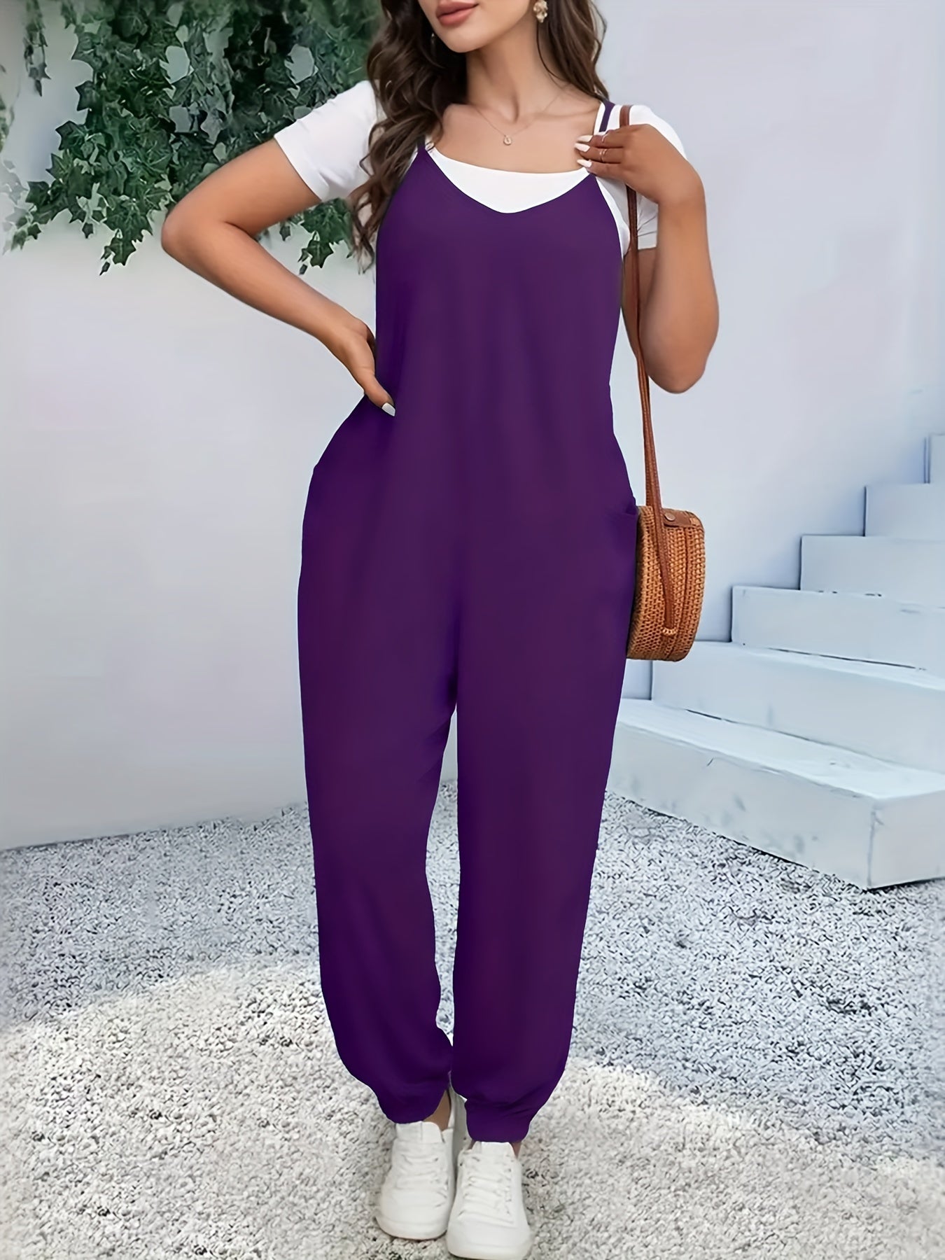 Women's Plus Size V-Neck Jumpsuit with Pockets, Solid Color, Casual Summer