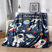 Personalized Space-Themed Astronaut Rocket Blanket Flannel Velvet Cozy Throw for Autumn Winter