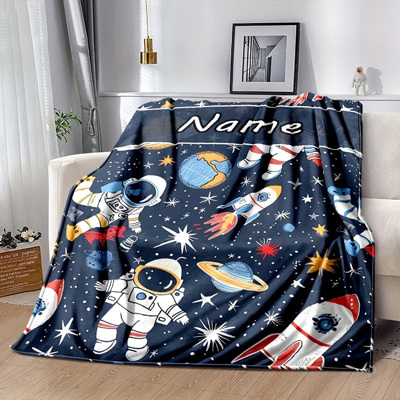 Personalized Space-Themed Astronaut Rocket Blanket Flannel Velvet Cozy Throw for Autumn Winter