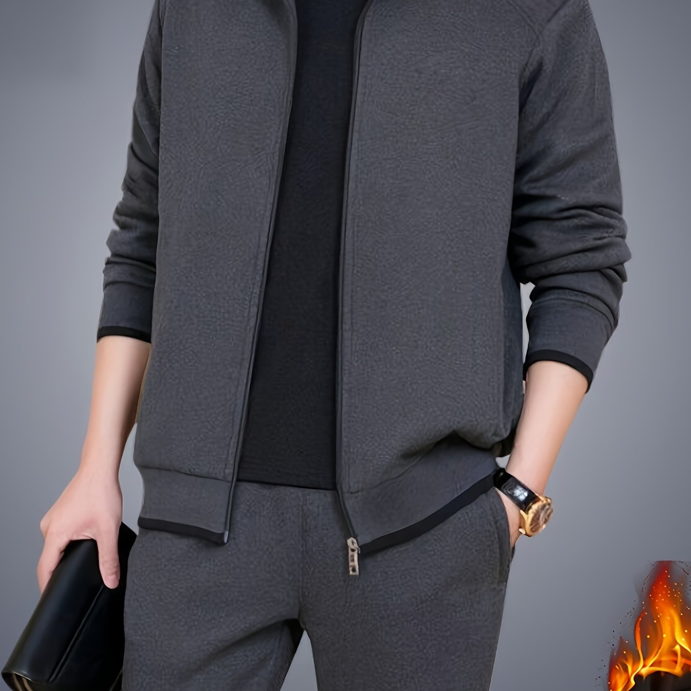 Men's Knit Tracksuit Set Solid Color Polyester Blend Autumn Winter Stretch Fit Zip Closure
