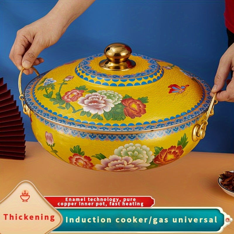 Olla de porcelana esmaltada azul y blanca de 34cm, cocedor de cobre para inducción, seguro para lavavajillas