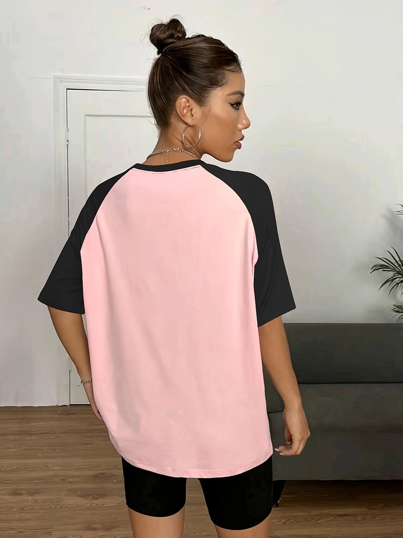 Women's Color-Blocked Black and White Baseball Tee Short Sleeve Oversized Plus Size