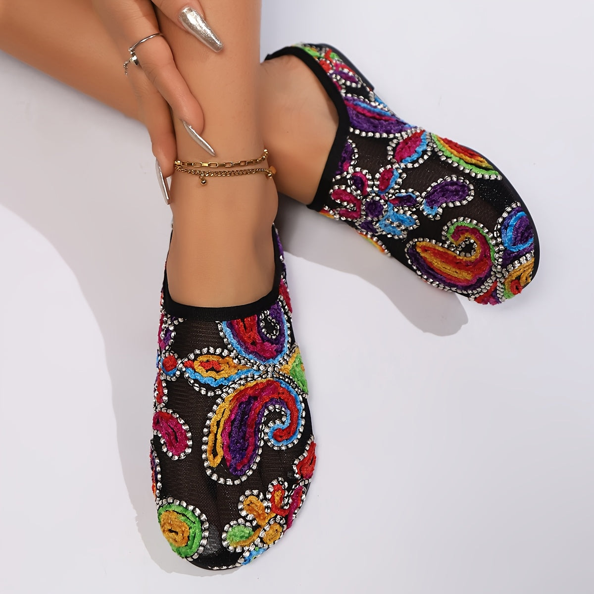 Women’s Breathable Fabric Mules Flat Heel Casual Shoes With Floral Pattern
