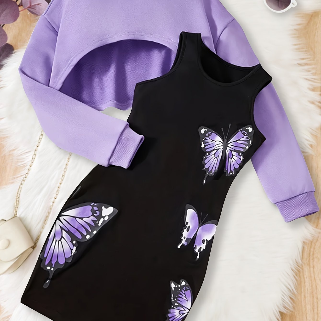 Conjunto de vestido púrpura para niñas con diseño de mariposa para ropa de exterior en primavera y otoño