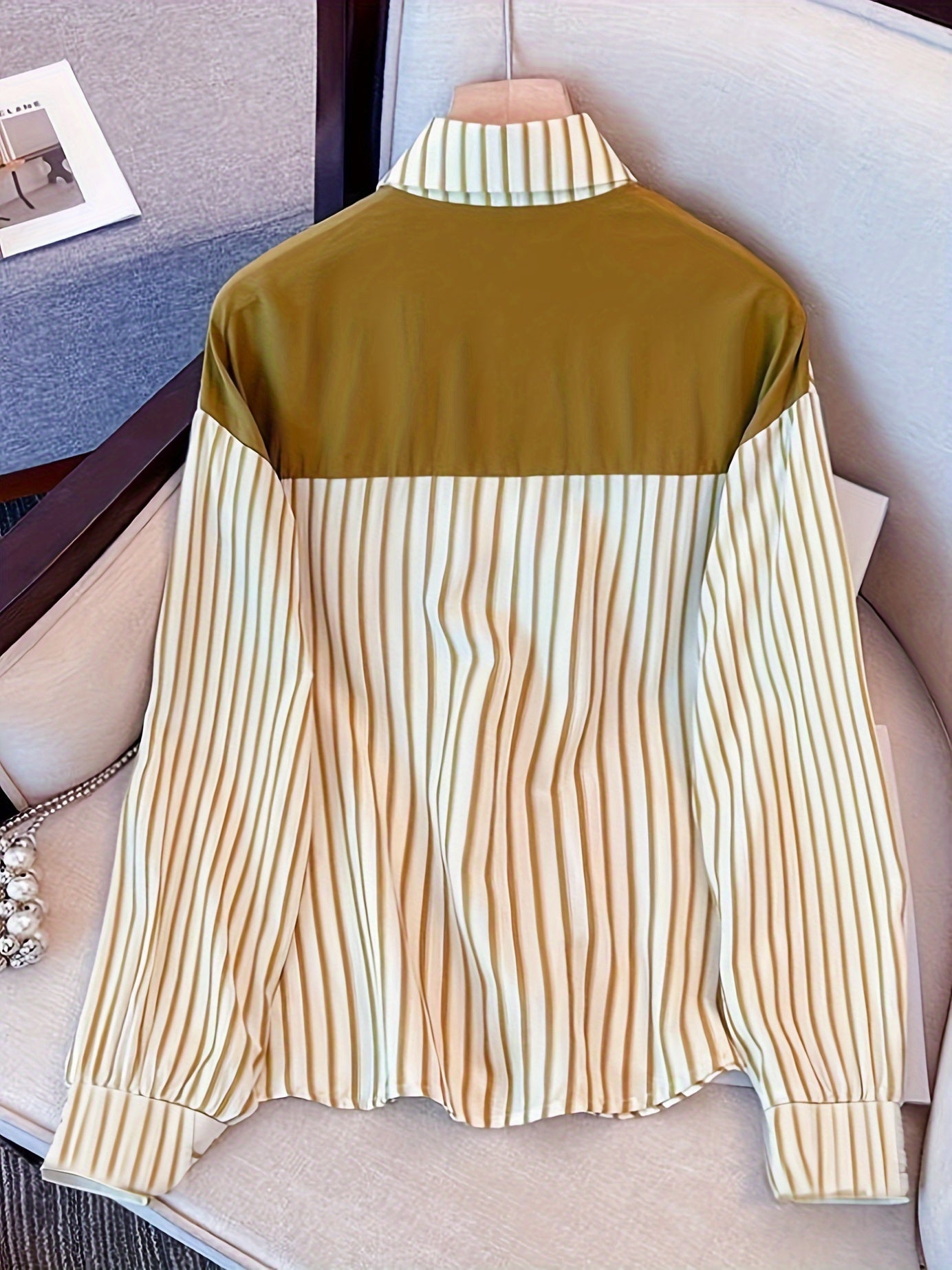 Camisa elegante de poliéster a rayas para adultos con cuello cuadrado y mangas largas para primavera y otoño