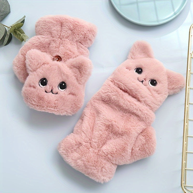 Set of 2 Cat Plush Fingerless Gloves Cozy Faux Rabbit Fur Warm Gift for Christmas Halloween Thanksgiving New Year