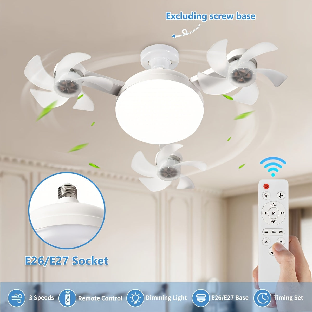 Compact ceiling fan with white 3-head design lamp remote control three speed settings simple installation