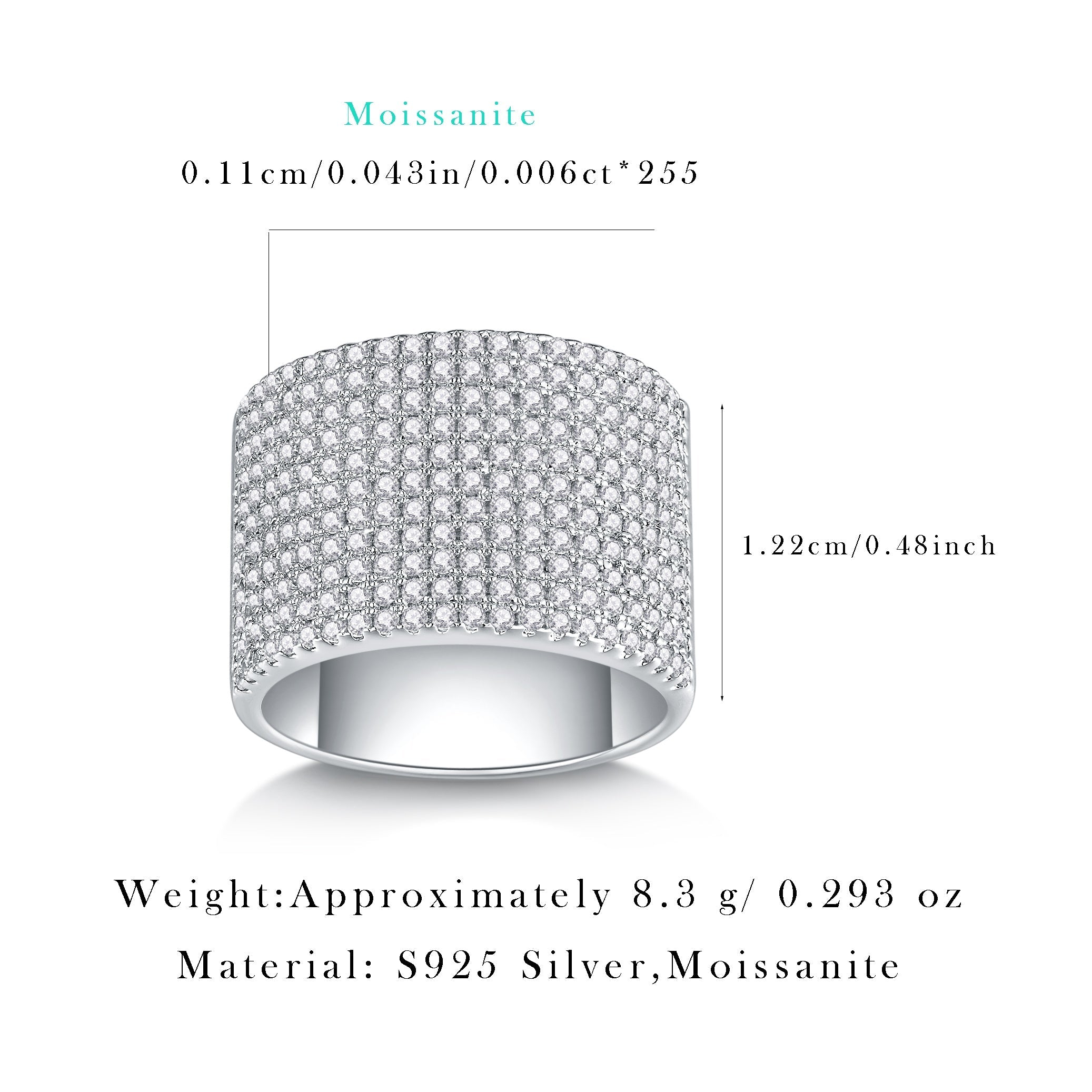 Silver Wedding Ring with Iced Out Moissanite Wide Band for Women