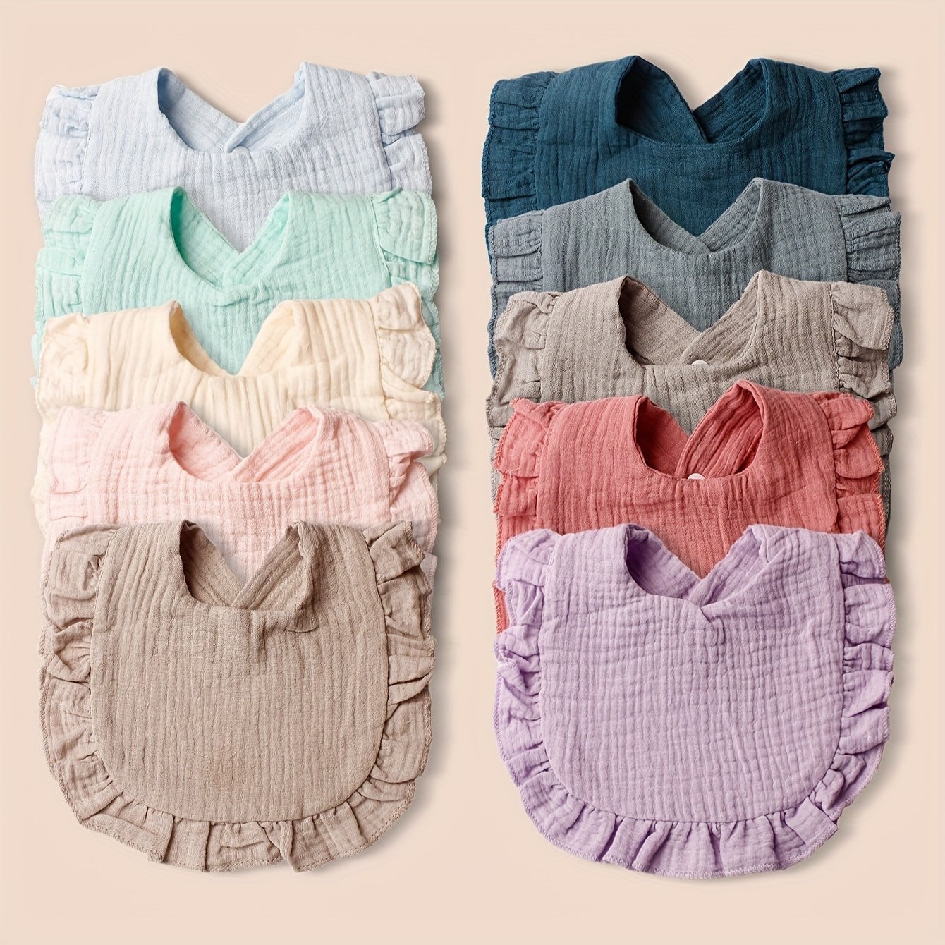 10-Pack Baby Bibs with Lace Trim Non-Waterproof Woven Polyester Snap Closure Solid Colors