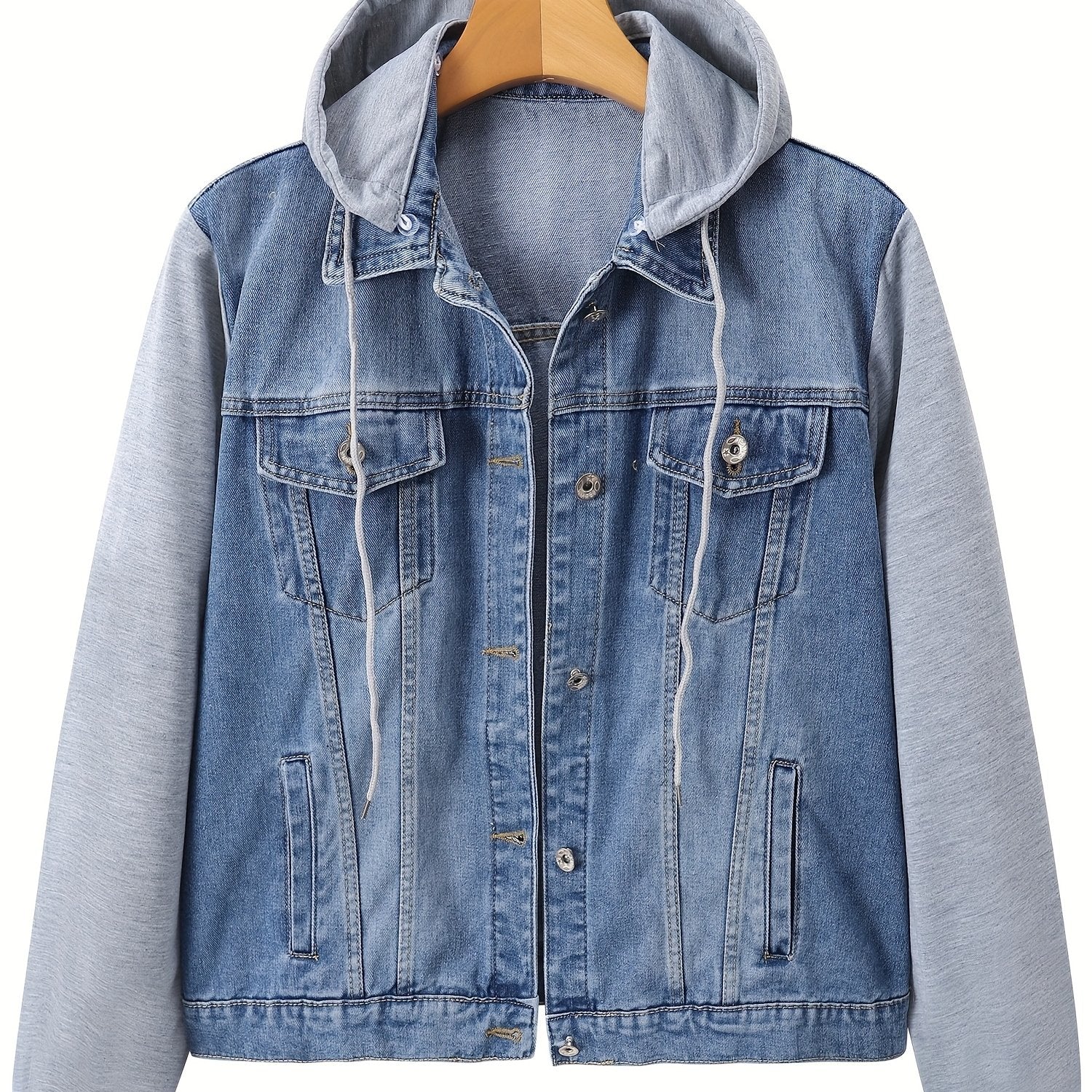 Chaqueta de mezclilla para mujer con capucha desmontable, de color sólido, manga larga, otoño y primavera