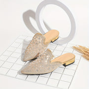 Women's Metallic Rhinestone Pointed Toe Chunky Heel Mules Shoes