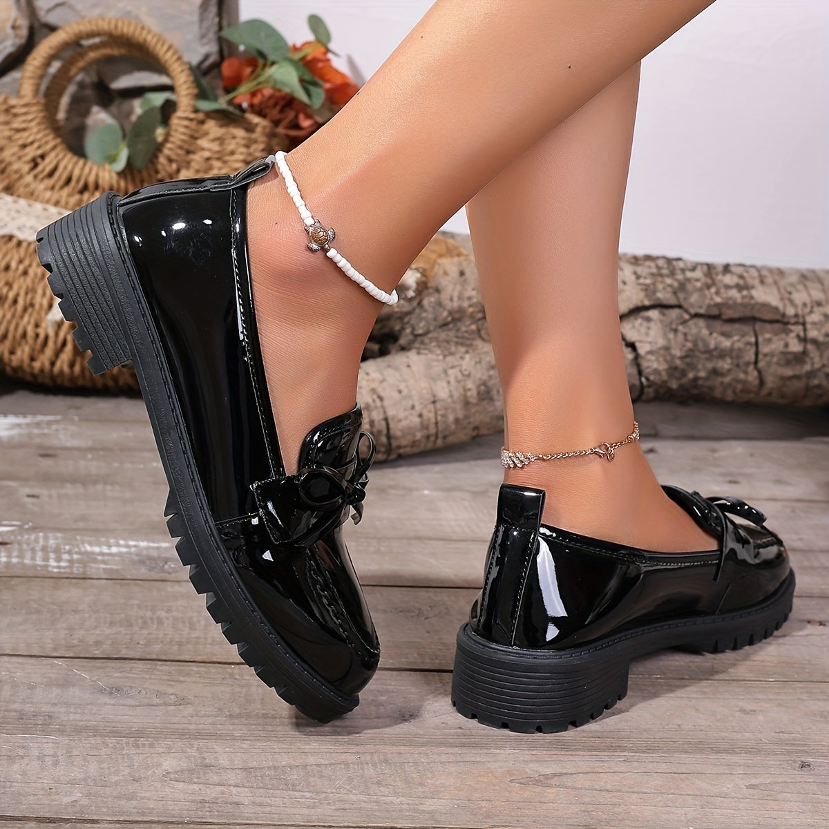 Women's Red Bow Oxford Loafers Glossy PU Slip-Resistant Comfort Sole