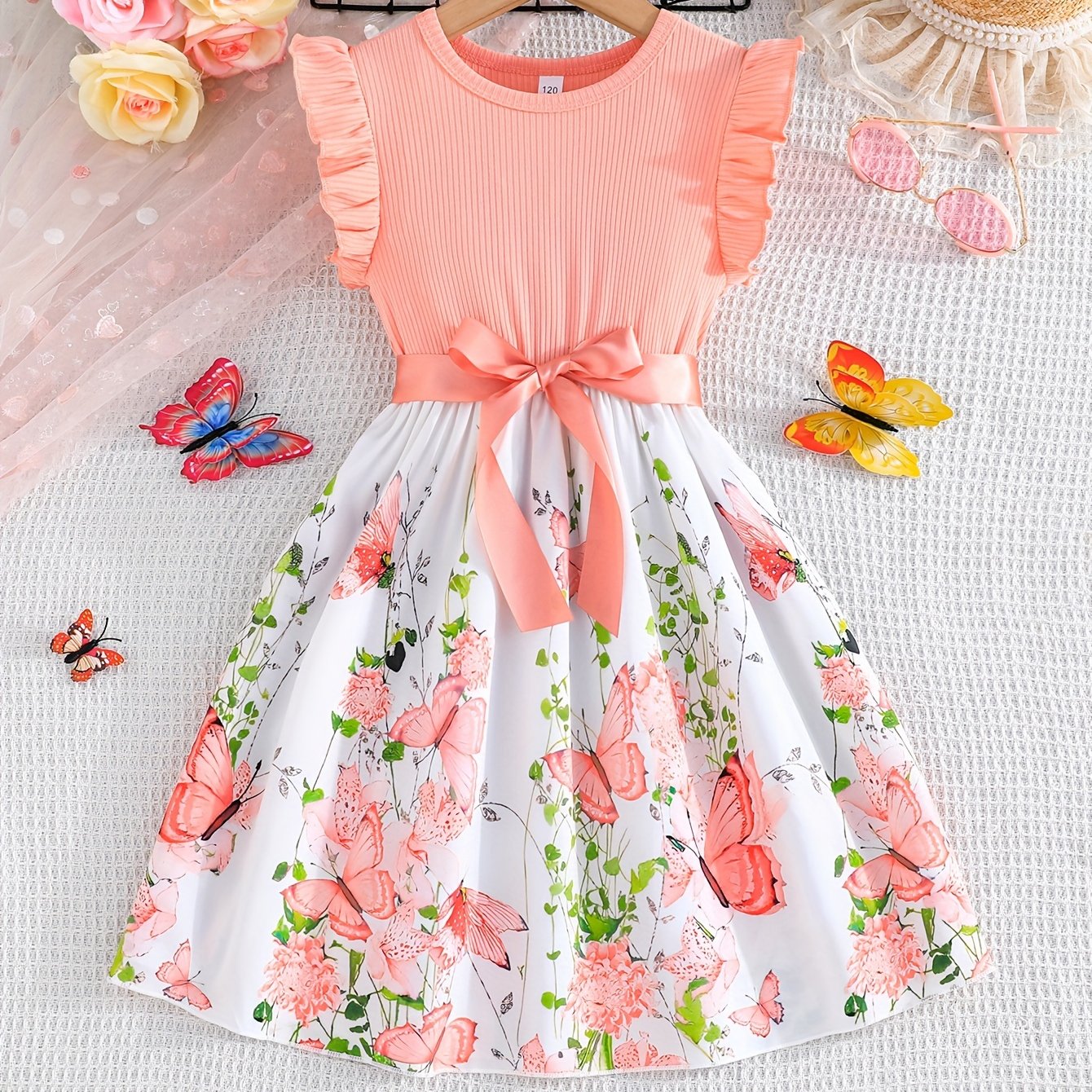 Girls Summer Butterfly Print Midi Dress Set with Belt and Ribbed Sleeves