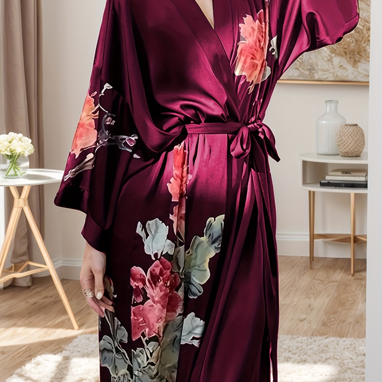 Plus Size Floral Satin Robe for Women Long Sleeve V-Neck Lounge Wear