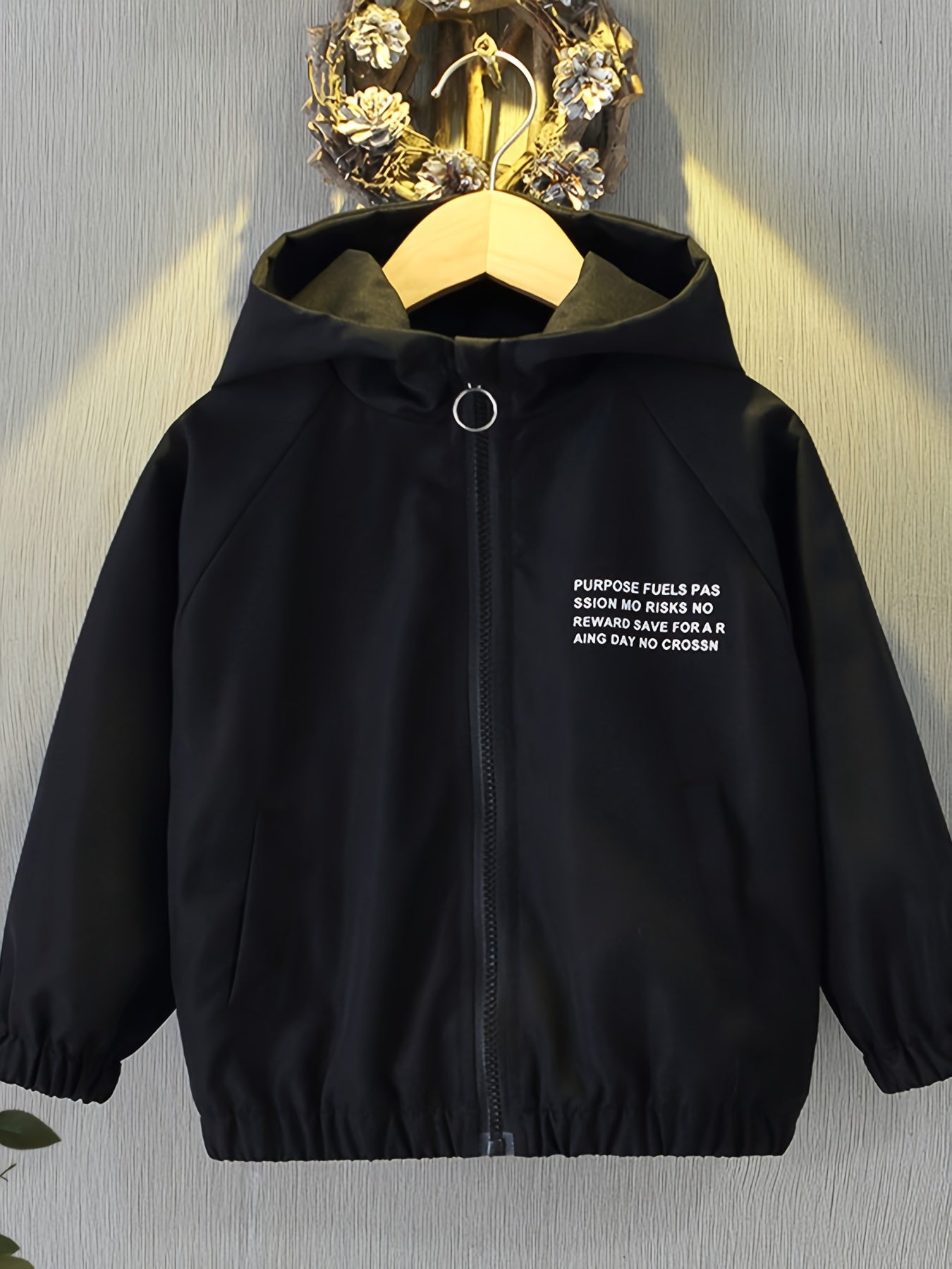 Kids Boys Hooded Jacket with Zipper Loose Fit Spring Autumn Letter Print