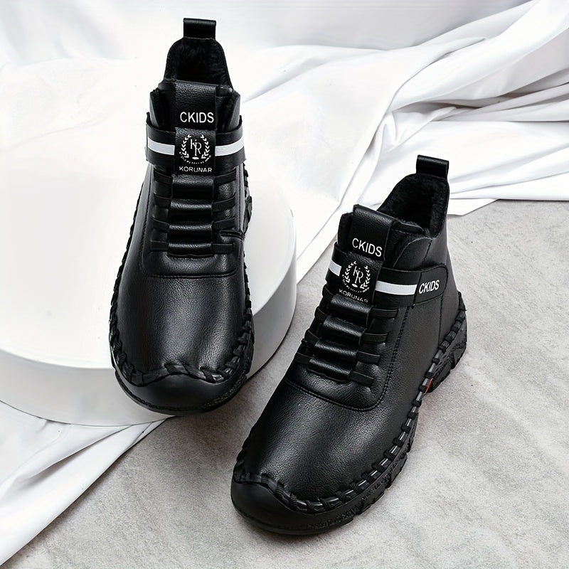 Women's Winter Ankle Boots Fleece-Lined Mid-Heel Casual Shoes Black White Plus Size