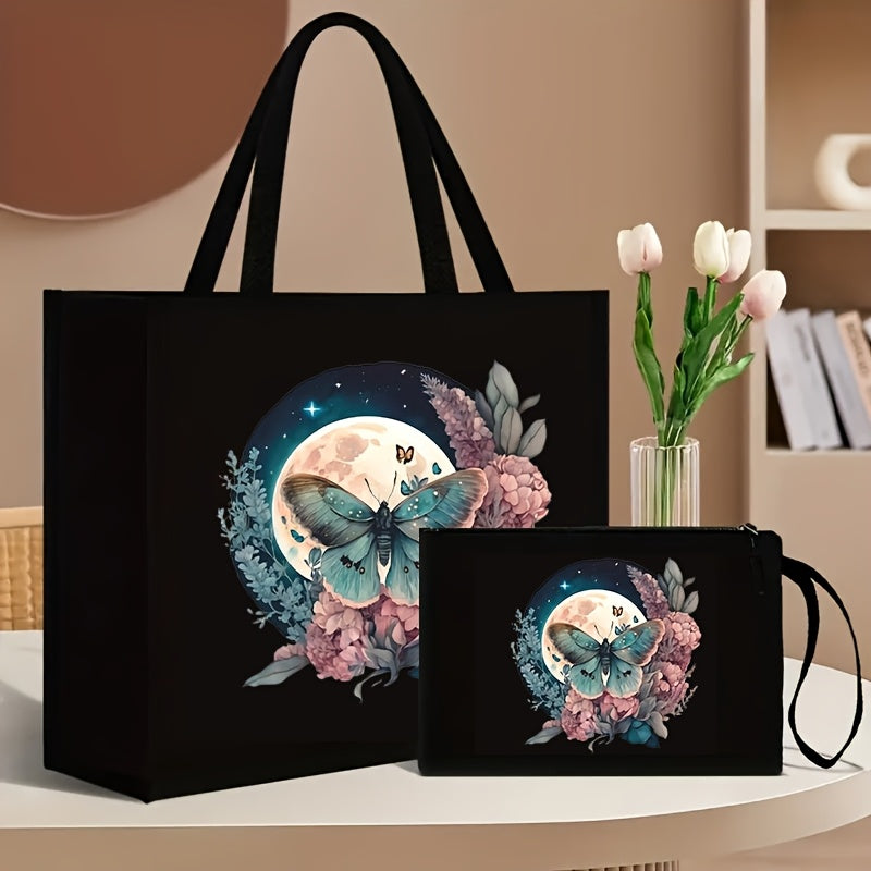 2-Piece Canvas Tote Bag and Wallet Set with Butterfly Floral Print Black
