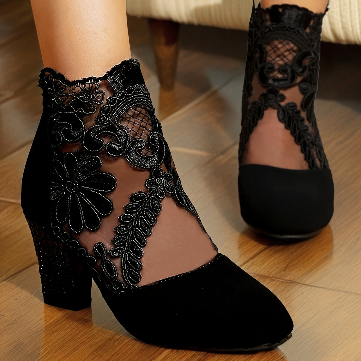 Women's Black Lace Ankle Boots with Floral Embroidery and Mesh Panels