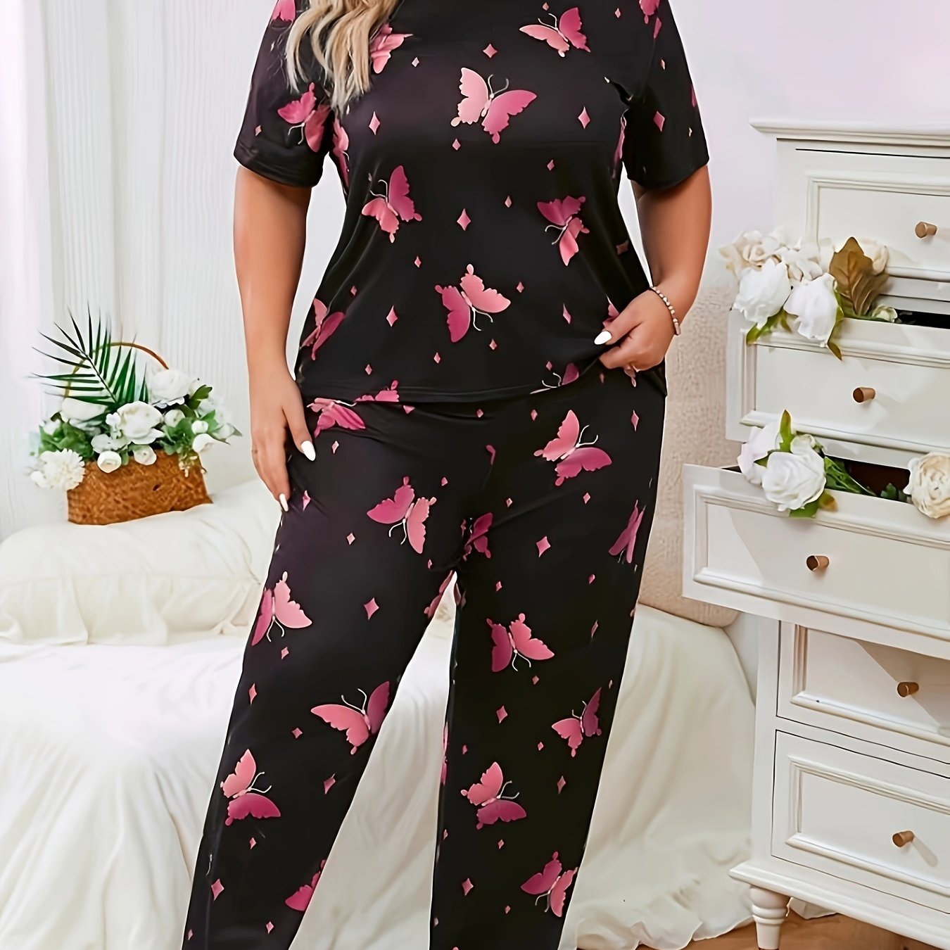 Ayollar uchun katta o'lchamdagi kundalik pijama to'plami qisqa qo'lli ko'ylak va shimlar gradient sharchali chayon bosimi