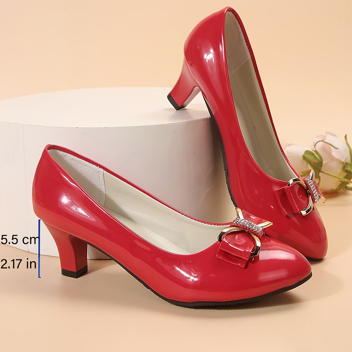 Women's Rhinestone Bow Pumps Chunky Heel Pointed Toe Dress Shoes