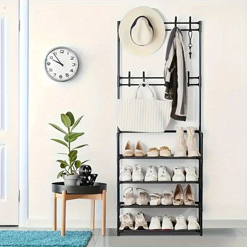 Estante para zapatos de metal de 5 capas, 8 ganchos, almacenamiento multiusos para dormitorio y baño