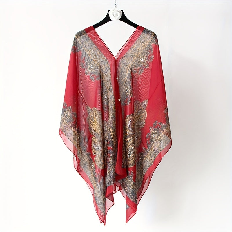 Women's Bohemian Floral Chiffon Shawl Large UV Protection Beach Cover-Up