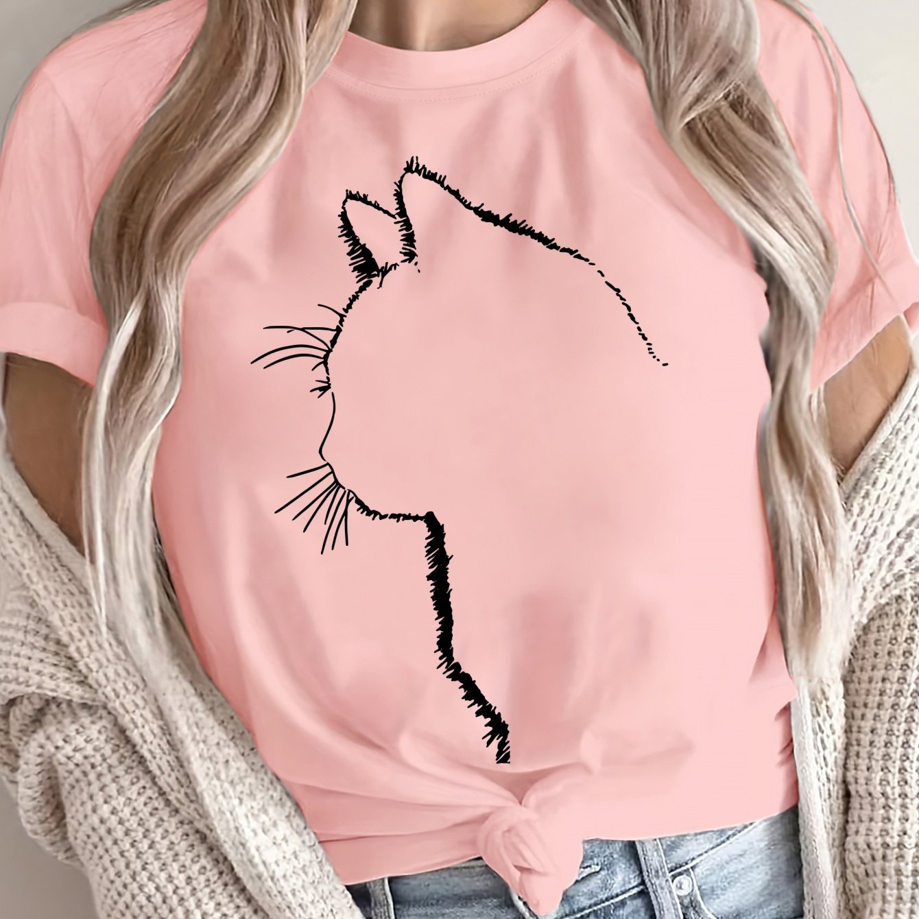 Women's Oversized Cotton Cat Graphic T-Shirt Casual Short Sleeve All-Season