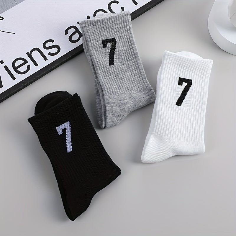 Men's Mid-Calf Socks Set of 3 Breathable Polyester Spandex Casual Athletic Black White Gray