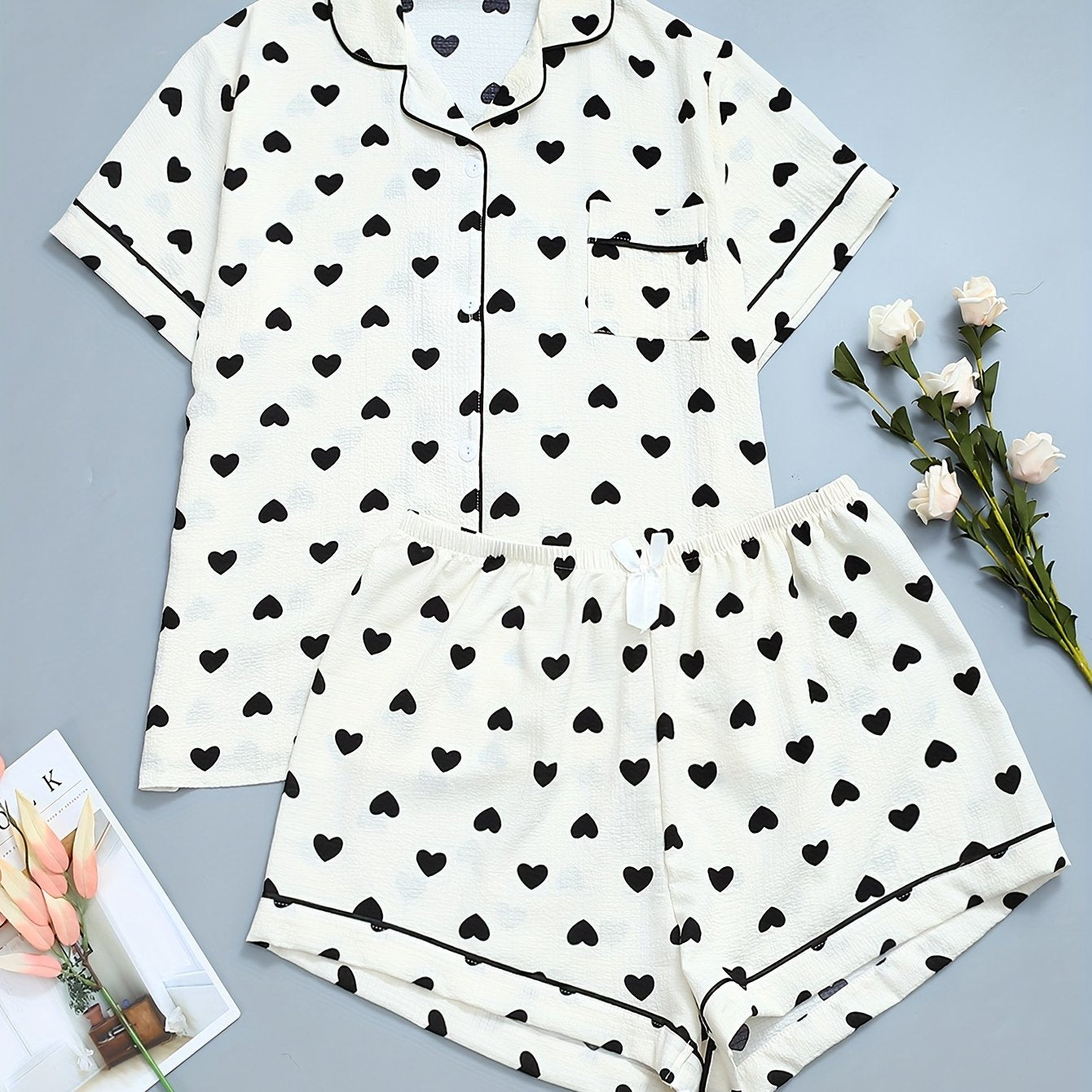 Women's Printed Cardigan Set with Turnover Collar and Short Sleeves