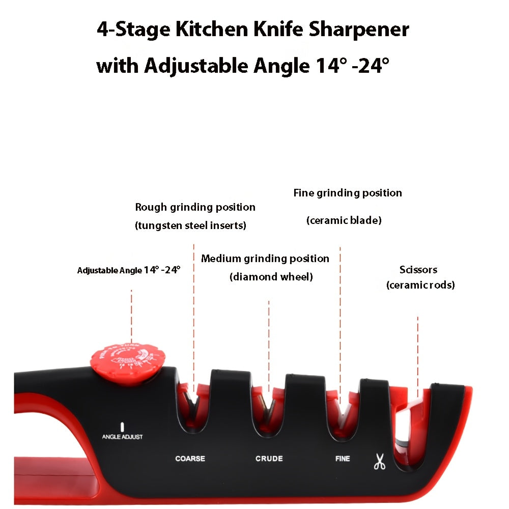 Sozlanadigan 4-in-1 oshxona pichog'i silliqlash mashinasi, 4 bosqichli silliqlash tayoqlari, qora-qizil