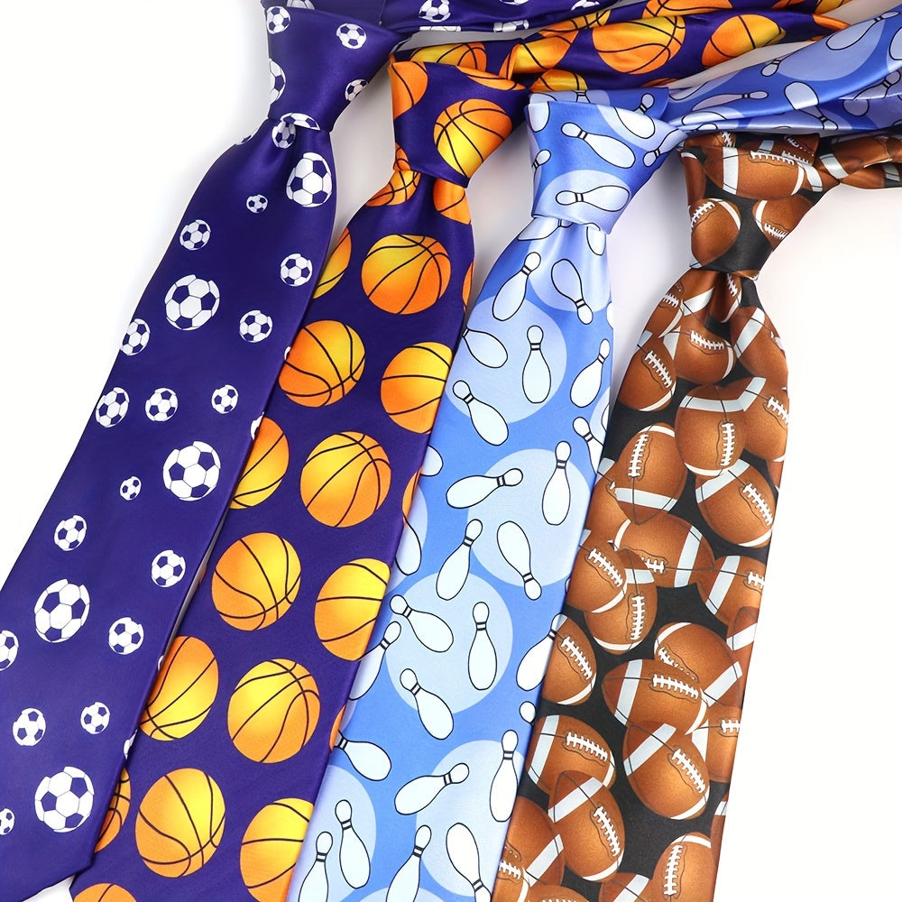 Silk-Like Printed Tie with Airplanes Planets Symbols Musical Notes Footballs for School Work Party