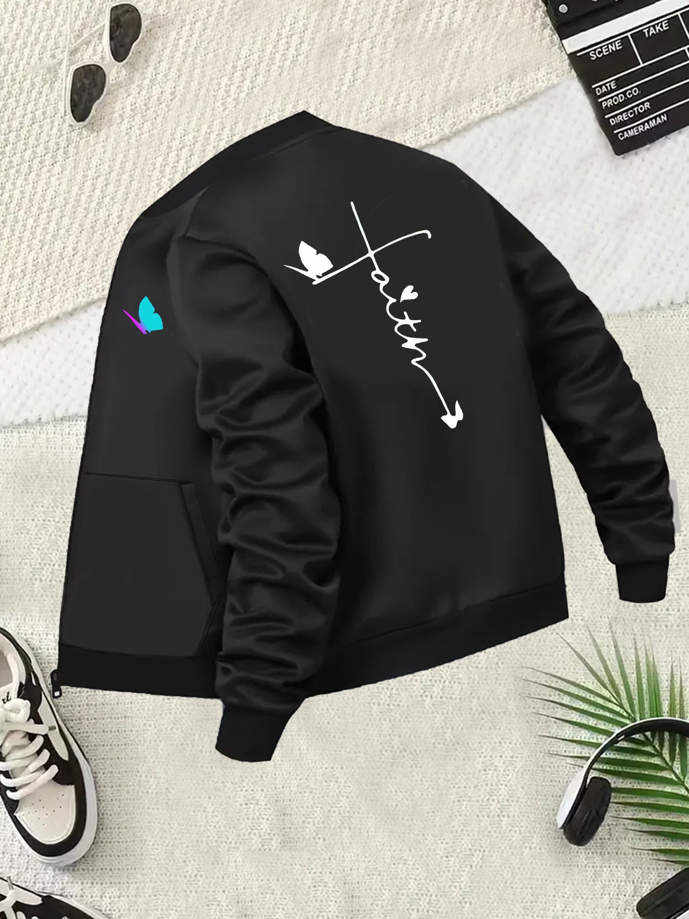 Plus Size Women's Casual Baseball Collar Jacket Black White Letter Heart Graphic Zip-Up Outerwear