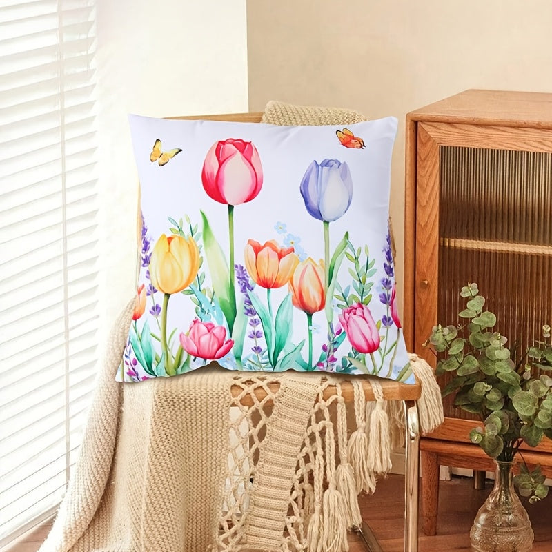 Decorative Pillow Cover Floral Butterfly Print Polyester Zipper Machine Washable