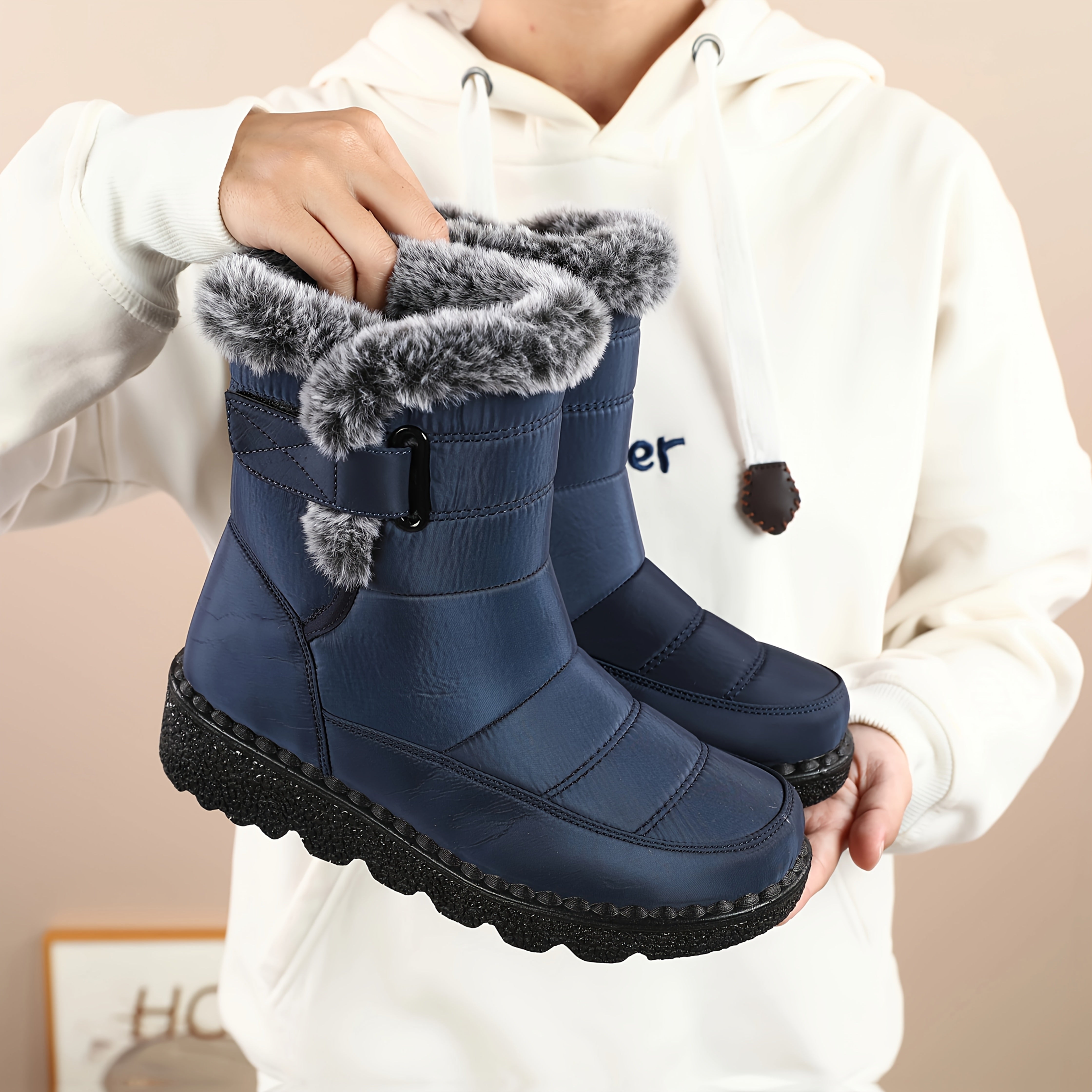 Women's All-Season Slip-On Boots Cushioned Sole Navy Blue Winter Shoes